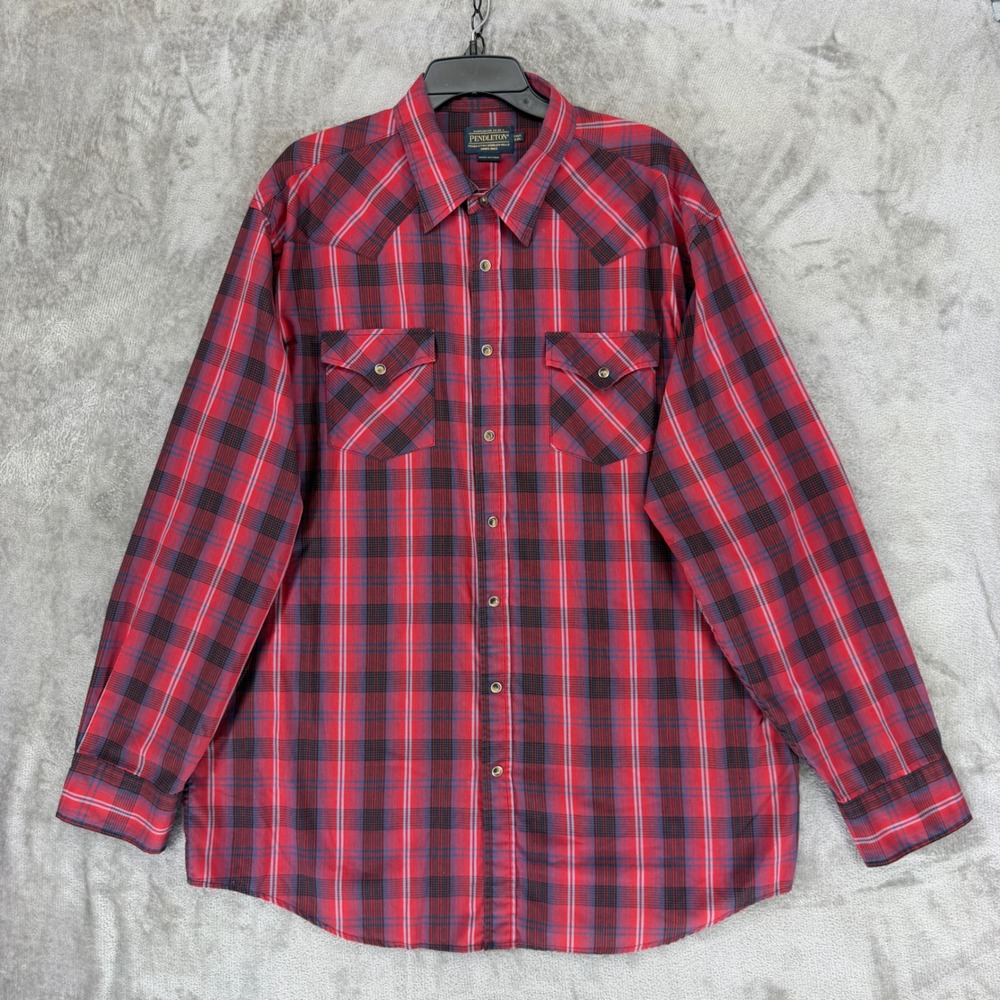 Pendleton Frontier Western Shirt Mens XXL Tall Red Plaid Pearl Snap Long Sleeve